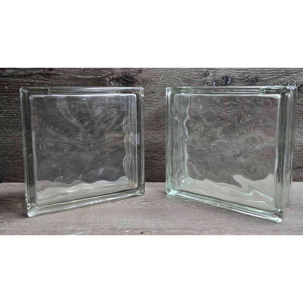 Vintage Glass Block Clear Vase Wavy Square Brick West Germany Decor Lot of 2